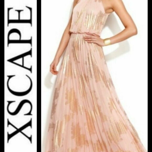 XSCAPE Peach Gold Foiled Pleated Halter Blouson Maxi Dress Gown Size 4 - Picture 1 of 6